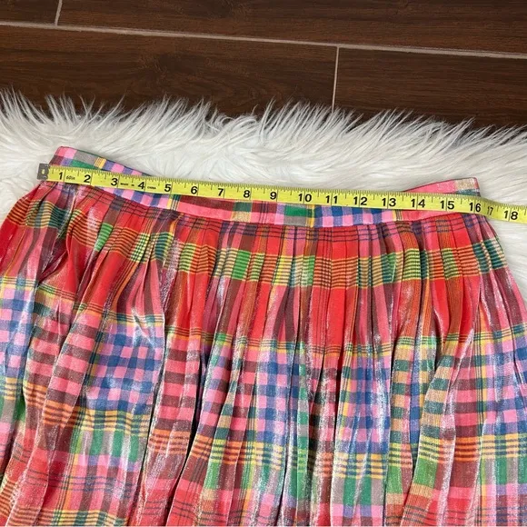 J. Crew Pleated Midi Skirt Shimmering Madras Plaid Size 14 Preppy Classic Pink