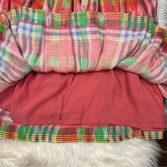 J. Crew Pleated Midi Skirt Shimmering Madras Plaid Size 14 Preppy Classic Pink