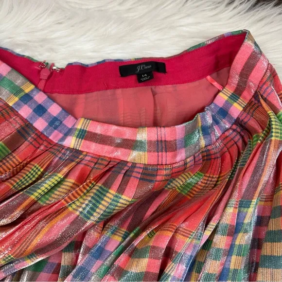 J. Crew Pleated Midi Skirt Shimmering Madras Plaid Size 14 Preppy Classic Pink