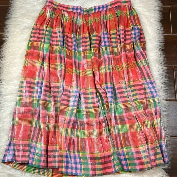 J. Crew Pleated Midi Skirt Shimmering Madras Plaid Size 14 Preppy Classic Pink