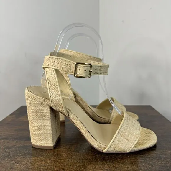 J Crew Raffia Peep Toe Ankle Strap Sandals Size 7 Tan Block Heels BN863