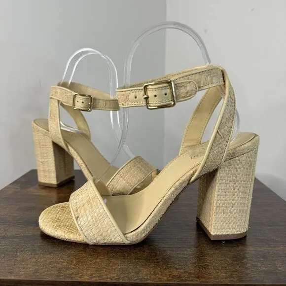 J Crew Raffia Peep Toe Ankle Strap Sandals Size 7 Tan Block Heels BN863