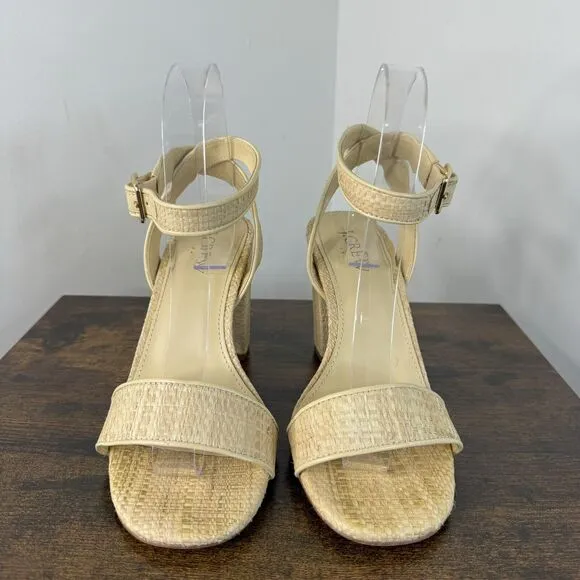 J Crew Raffia Peep Toe Ankle Strap Sandals Size 7 Tan Block Heels BN863