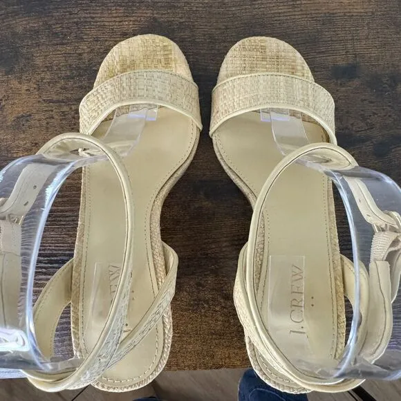 J Crew Raffia Peep Toe Ankle Strap Sandals Size 7 Tan Block Heels BN863