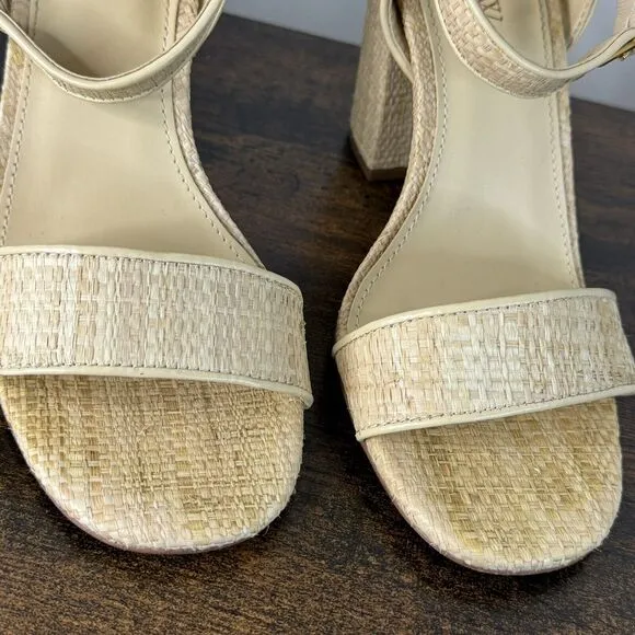 J Crew Raffia Peep Toe Ankle Strap Sandals Size 7 Tan Block Heels BN863