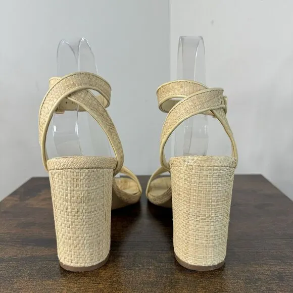 J Crew Raffia Peep Toe Ankle Strap Sandals Size 7 Tan Block Heels BN863