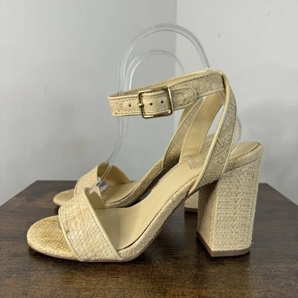 J Crew Raffia Peep Toe Ankle Strap Sandals Size 7 Tan Block Heels BN863