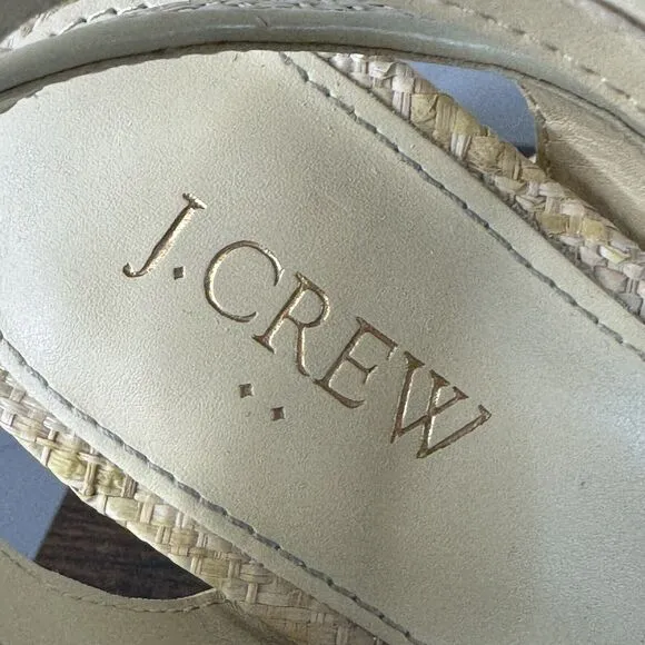 J Crew Raffia Peep Toe Ankle Strap Sandals Size 7 Tan Block Heels BN863
