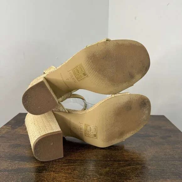 J Crew Raffia Peep Toe Ankle Strap Sandals Size 7 Tan Block Heels BN863