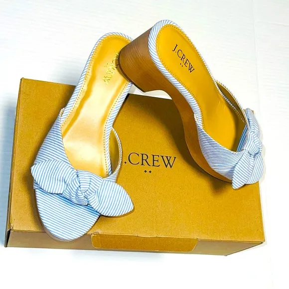 J. CREW SANDALS PRINTED BOW-HEEL MULES WOMEN’S  PLATFORM WOOD BLUE COLOR SIZE 8