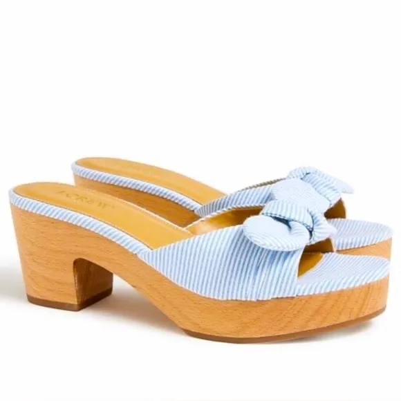 J. CREW SANDALS PRINTED BOW-HEEL MULES WOMEN’S  PLATFORM WOOD BLUE COLOR SIZE 8