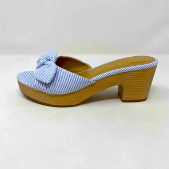 J. CREW SANDALS PRINTED BOW-HEEL MULES WOMEN’S  PLATFORM WOOD BLUE COLOR SIZE 8