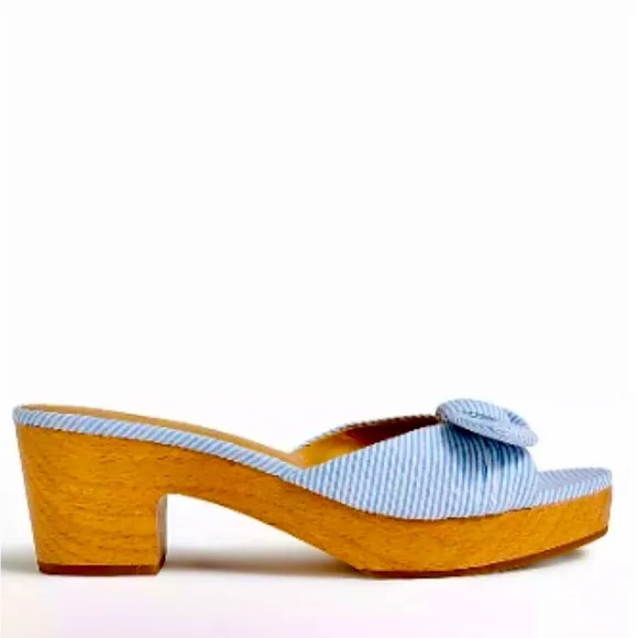 J. CREW SANDALS PRINTED BOW-HEEL MULES WOMEN’S  PLATFORM WOOD BLUE COLOR SIZE 8