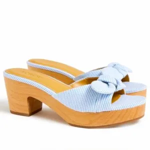 J. CREW SANDALS PRINTED BOW-HEEL MULES WOMEN’S  PLATFORM WOOD BLUE COLOR SIZE 8