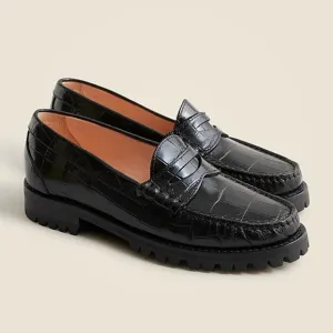 J. Crew Winona Lug-Sole Penny Loafers in Croc-Embossed Black Leather.