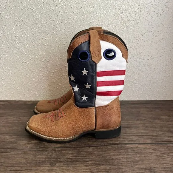 JB Dillon US Flag Patriotic Pull On Western Cowboy Boots Brown Leather‎ Youth 3