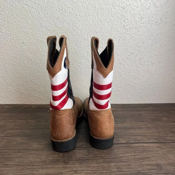 JB Dillon US Flag Patriotic Pull On Western Cowboy Boots Brown Leather‎ Youth 3