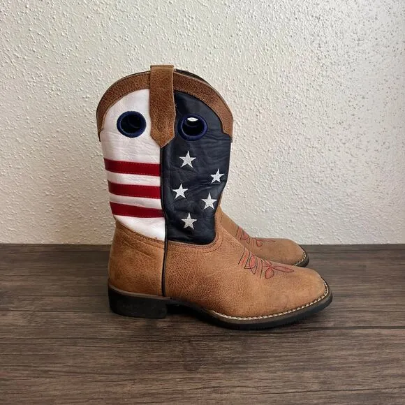 JB Dillon US Flag Patriotic Pull On Western Cowboy Boots Brown Leather‎ Youth 3