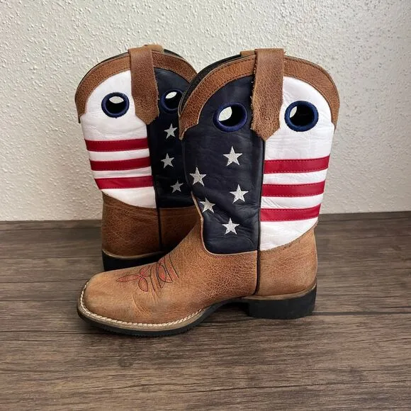 JB Dillon US Flag Patriotic Pull On Western Cowboy Boots Brown Leather‎ Youth 3