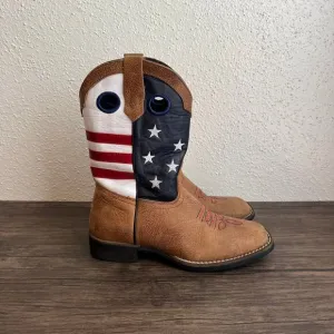 JB Dillon US Flag Patriotic Pull On Western Cowboy Boots Brown Leather‎ Youth 3