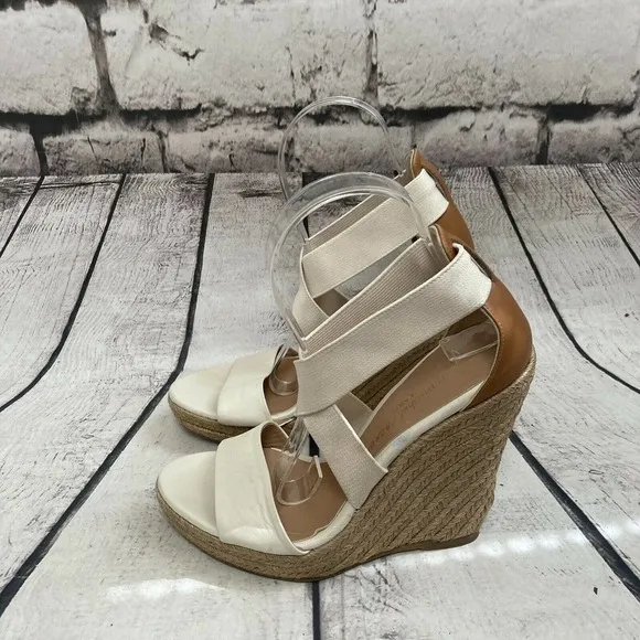 Jean Michel Cazabat Ivory Leather Textile Espadrille‎ Wedge Sandals Size 6.5