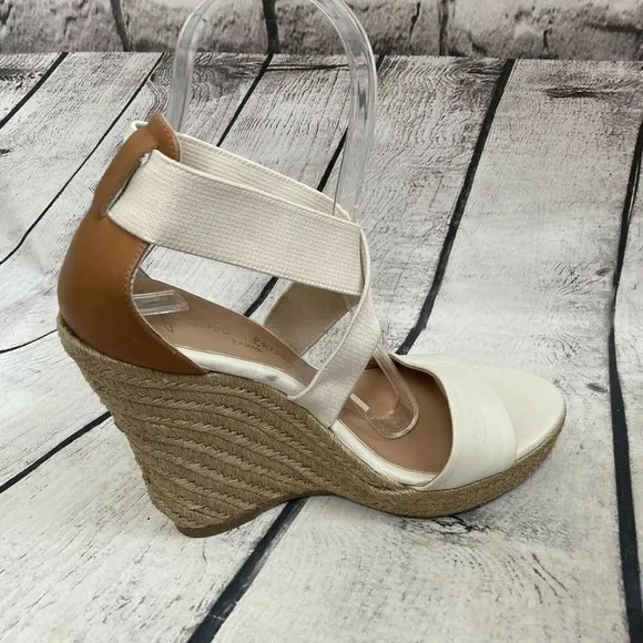 Jean Michel Cazabat Ivory Leather Textile Espadrille‎ Wedge Sandals Size 6.5