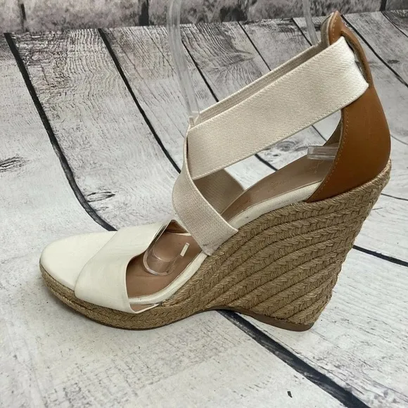 Jean Michel Cazabat Ivory Leather Textile Espadrille‎ Wedge Sandals Size 6.5