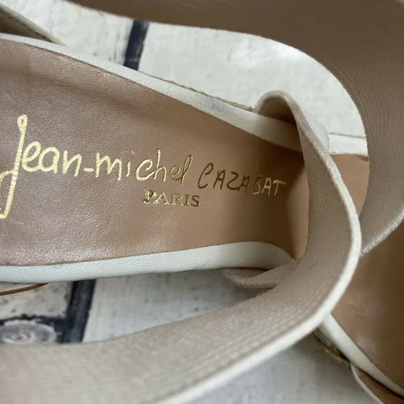Jean Michel Cazabat Ivory Leather Textile Espadrille‎ Wedge Sandals Size 6.5