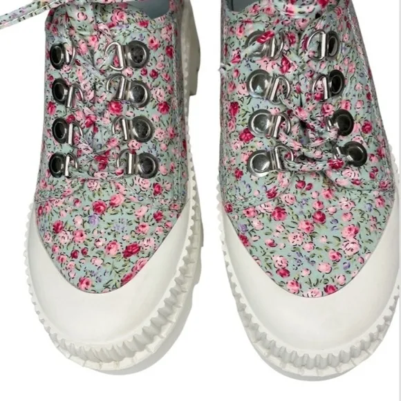Jeffrey Campbell B2School BlueFloral Fabric Platform LaceUp Lug Sole Size 8
