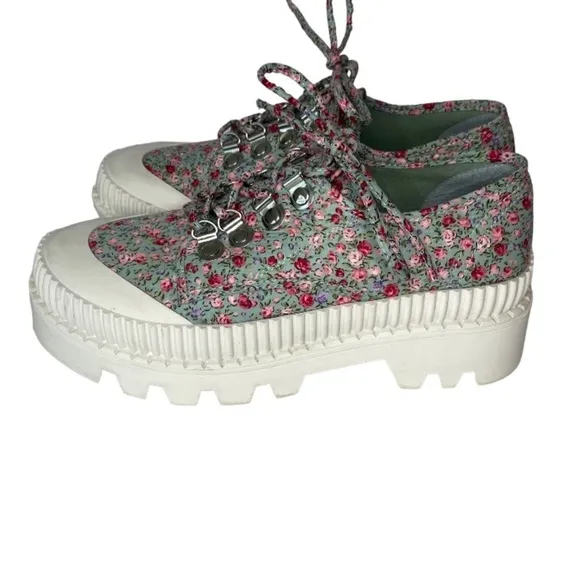 Jeffrey Campbell B2School BlueFloral Fabric Platform LaceUp Lug Sole Size 8
