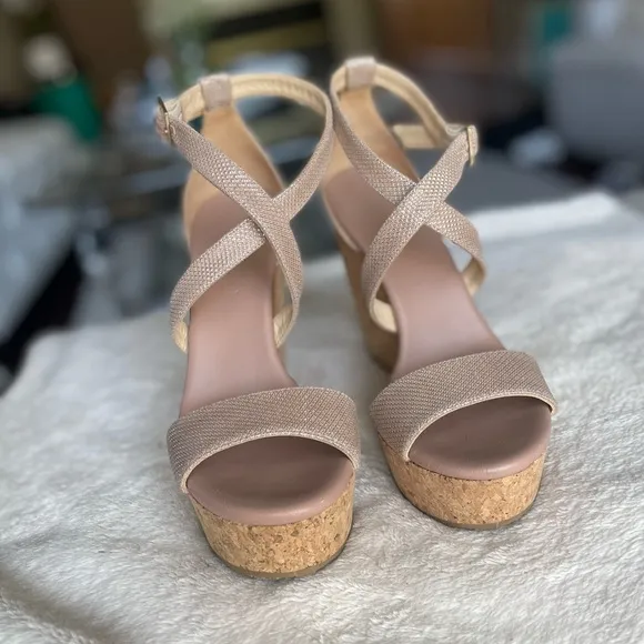 Jimmy Choo Portia 120 Rose Gold/Blush Platform Cork Wedge. Gold Hardware. 6.5.
