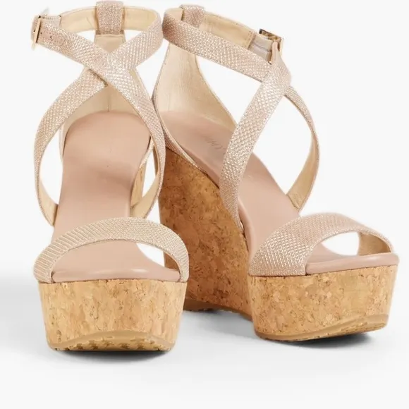Jimmy Choo Portia 120 Rose Gold/Blush Platform Cork Wedge. Gold Hardware. 6.5.