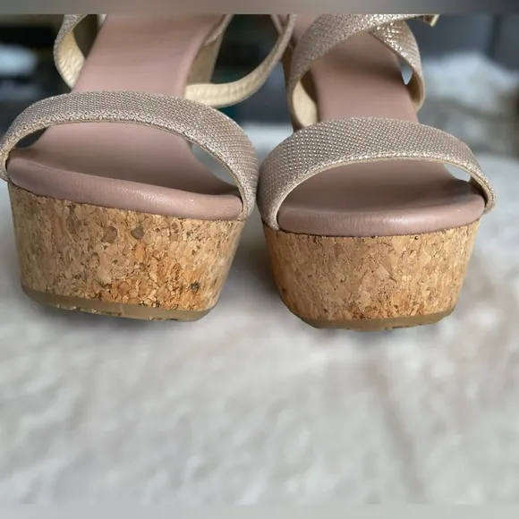 Jimmy Choo Portia 120 Rose Gold/Blush Platform Cork Wedge. Gold Hardware. 6.5.