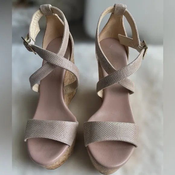 Jimmy Choo Portia 120 Rose Gold/Blush Platform Cork Wedge. Gold Hardware. 6.5.
