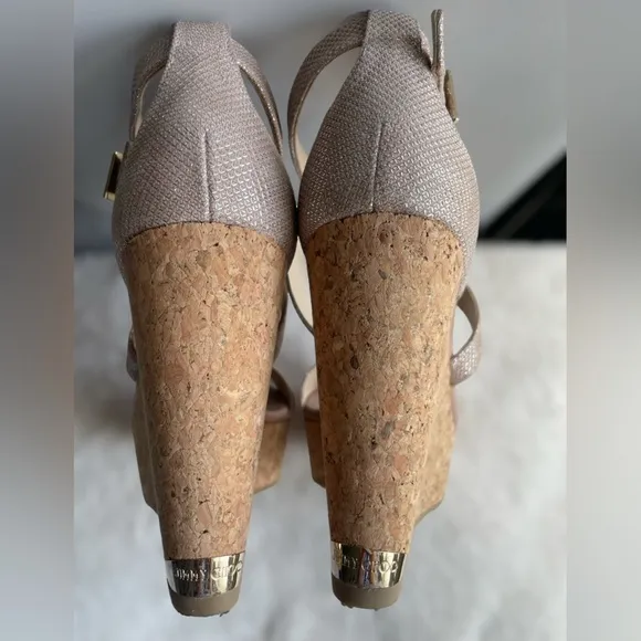 Jimmy Choo Portia 120 Rose Gold/Blush Platform Cork Wedge. Gold Hardware. 6.5.