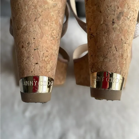 Jimmy Choo Portia 120 Rose Gold/Blush Platform Cork Wedge. Gold Hardware. 6.5.