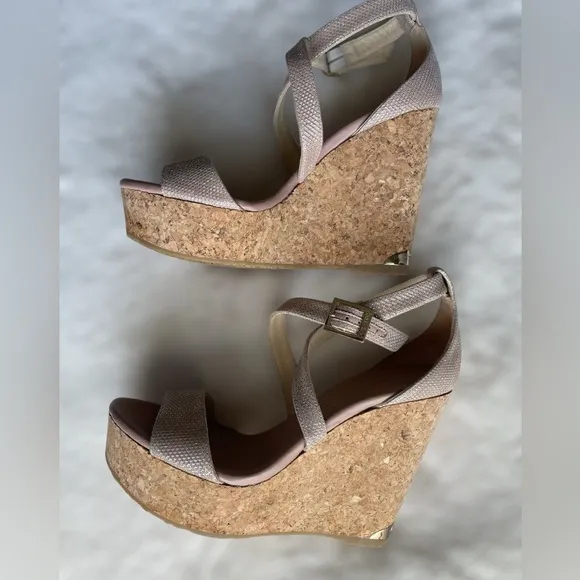 Jimmy Choo Portia 120 Rose Gold/Blush Platform Cork Wedge. Gold Hardware. 6.5.