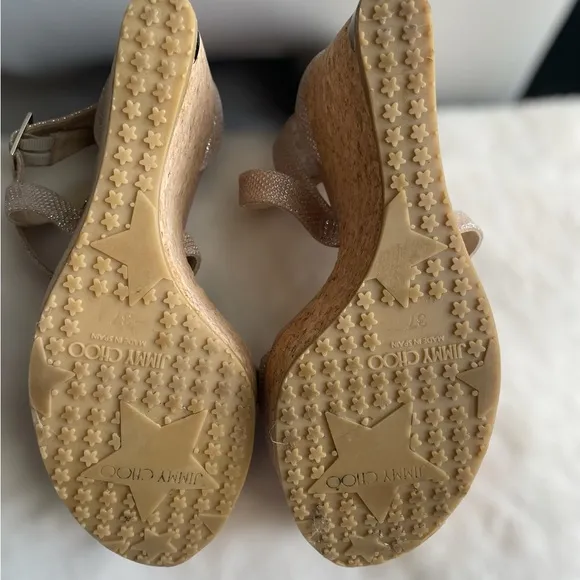Jimmy Choo Portia 120 Rose Gold/Blush Platform Cork Wedge. Gold Hardware. 6.5.