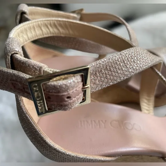Jimmy Choo Portia 120 Rose Gold/Blush Platform Cork Wedge. Gold Hardware. 6.5.
