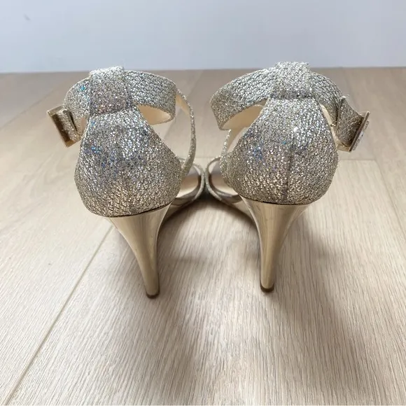 Jimmy Choo Silver Glitter Crisscross Wedge Sandals Size 36