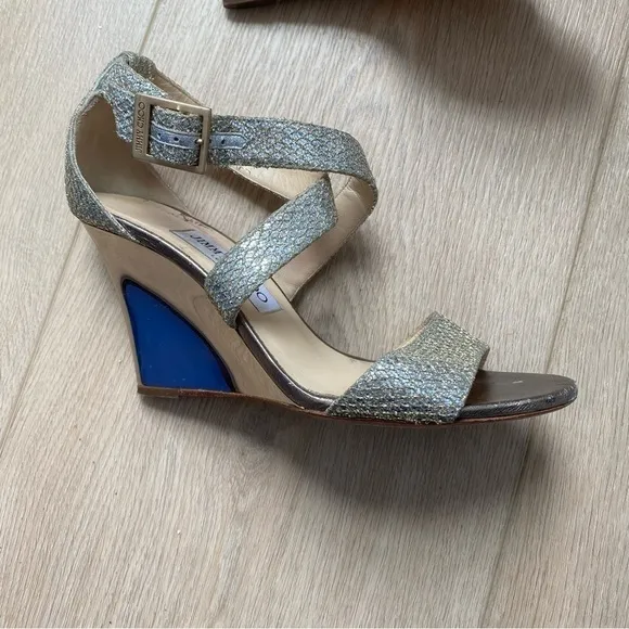Jimmy Choo Silver Glitter Crisscross Wedge Sandals Size 36