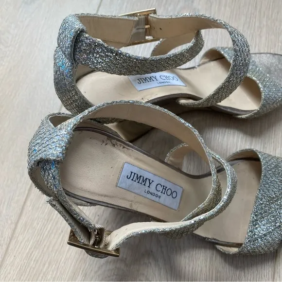 Jimmy Choo Silver Glitter Crisscross Wedge Sandals Size 36