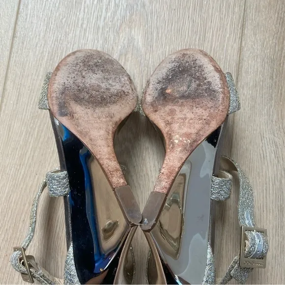 Jimmy Choo Silver Glitter Crisscross Wedge Sandals Size 36