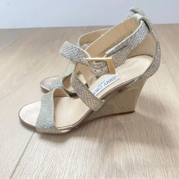Jimmy Choo Silver Glitter Crisscross Wedge Sandals Size 36