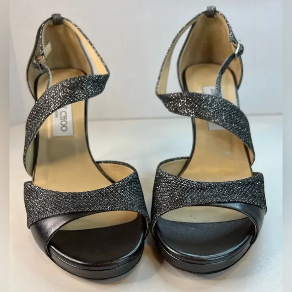 Jimmy Choo Tyne Sandals, Glitter Metallic Heels, Black, Size 8.5/EU 39