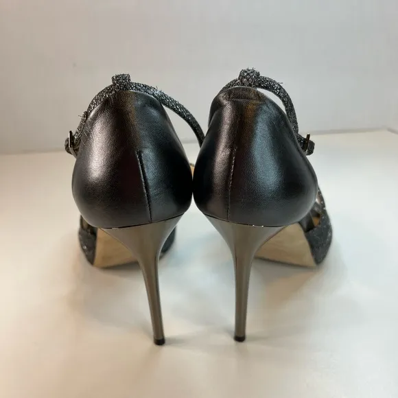 Jimmy Choo Tyne Sandals, Glitter Metallic Heels, Black, Size 8.5/EU 39
