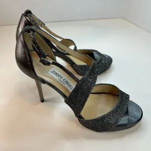 Jimmy Choo Tyne Sandals, Glitter Metallic Heels, Black, Size 8.5/EU 39