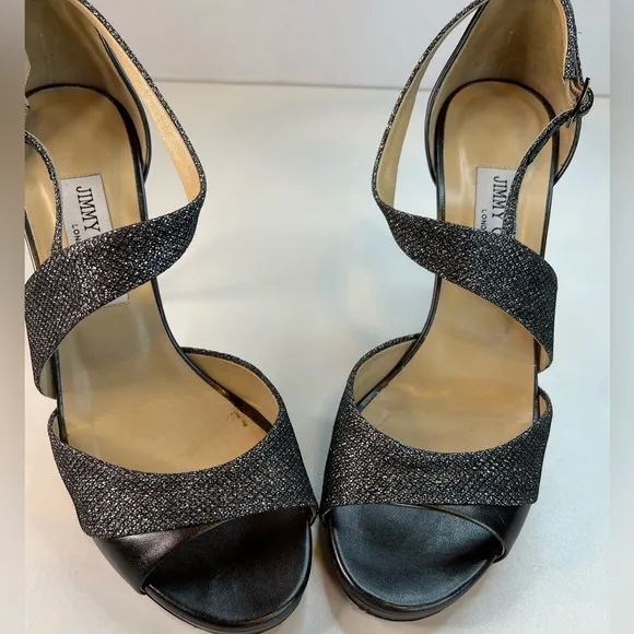 Jimmy Choo Tyne Sandals, Glitter Metallic Heels, Black, Size 8.5/EU 39