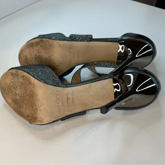 Jimmy Choo Tyne Sandals, Glitter Metallic Heels, Black, Size 8.5/EU 39