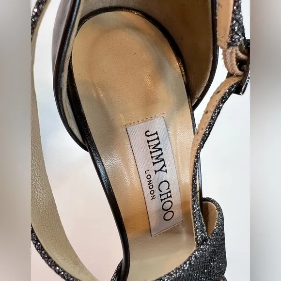 Jimmy Choo Tyne Sandals, Glitter Metallic Heels, Black, Size 8.5/EU 39